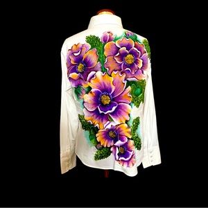Hand Painted Purple Poppies on a White Button Down Fitted Shirt